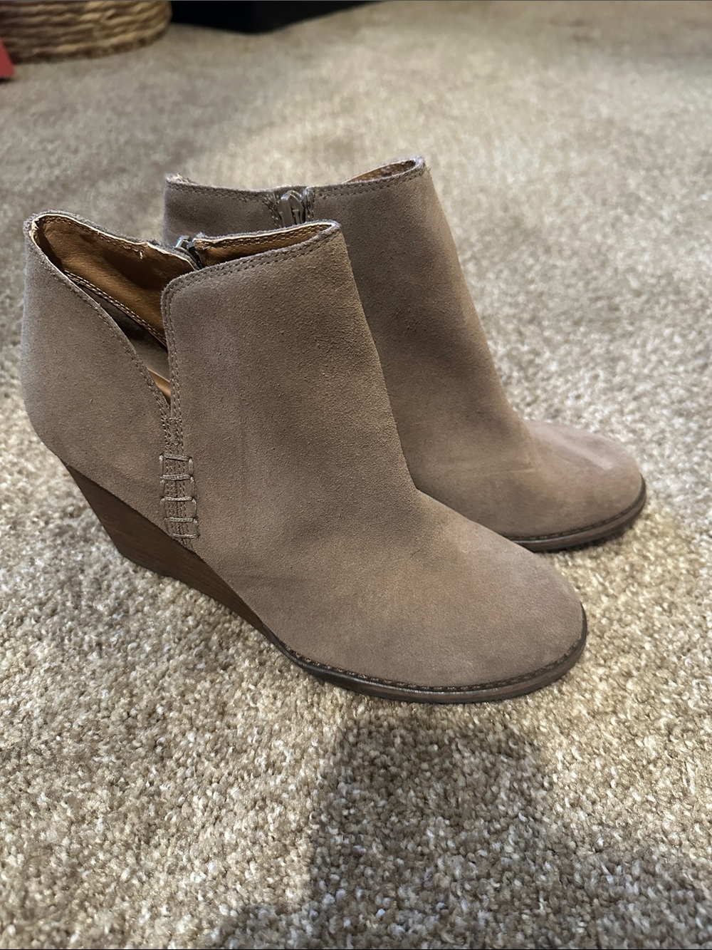 Lucky Brand Taupe Suede Wedge Booties